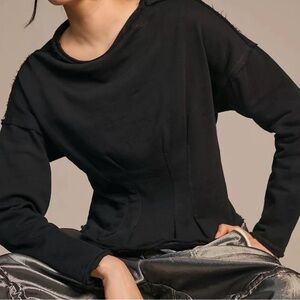 Anthropologie Pilcro Frayed Hem Corset Fitted Black Sweatshirt Organic Cotton XL